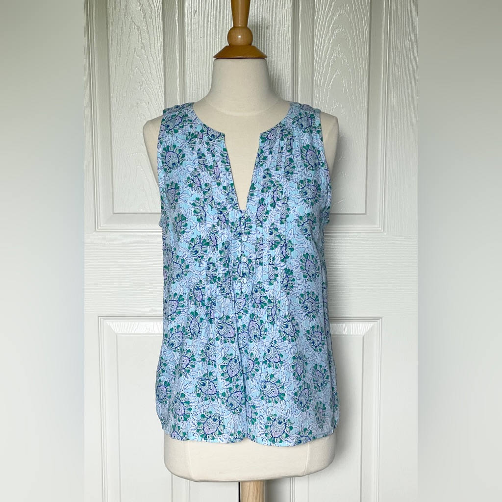 Loft Ann Taylor Aqua Blue Floral, Split Neck Pintucked Sleeveless Blouse, Size S